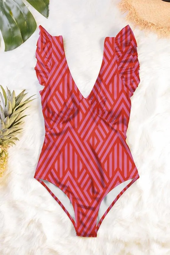 Averie Swimsuit Plunge One-Piece Cerise Magenta With Orange Stripes
