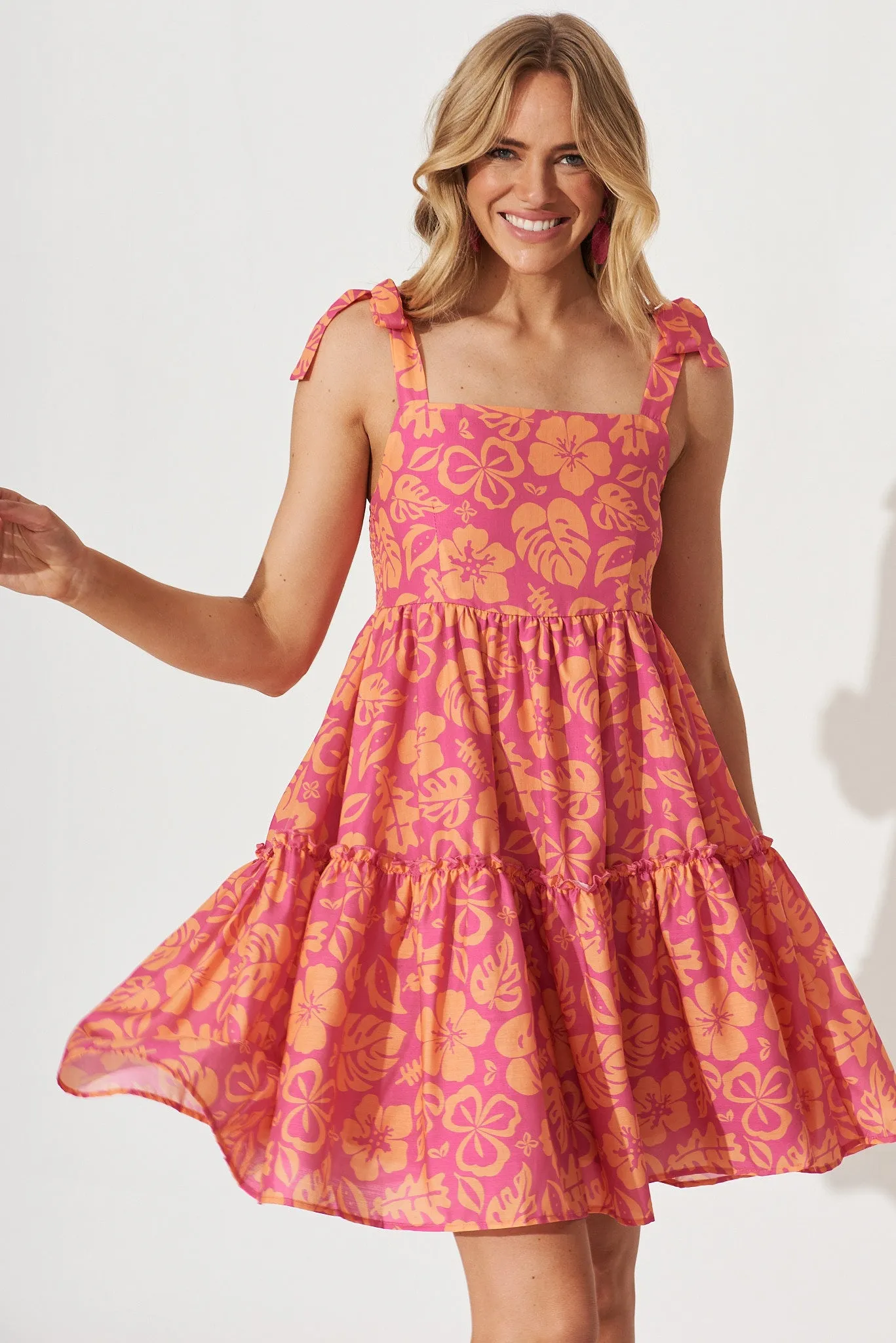 Bimini Sundress In Pink With Orange Hibiscus Floral Print