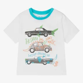 Boys White Cotton Crazy Cars T-Shirt
