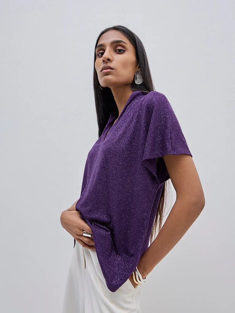 Buy Wardrobe Purple Ribbed Shimmer Blouse from Westside