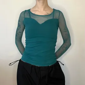 Calliope Sheer Long Sleeve Top - XS Teal Cotton Blend