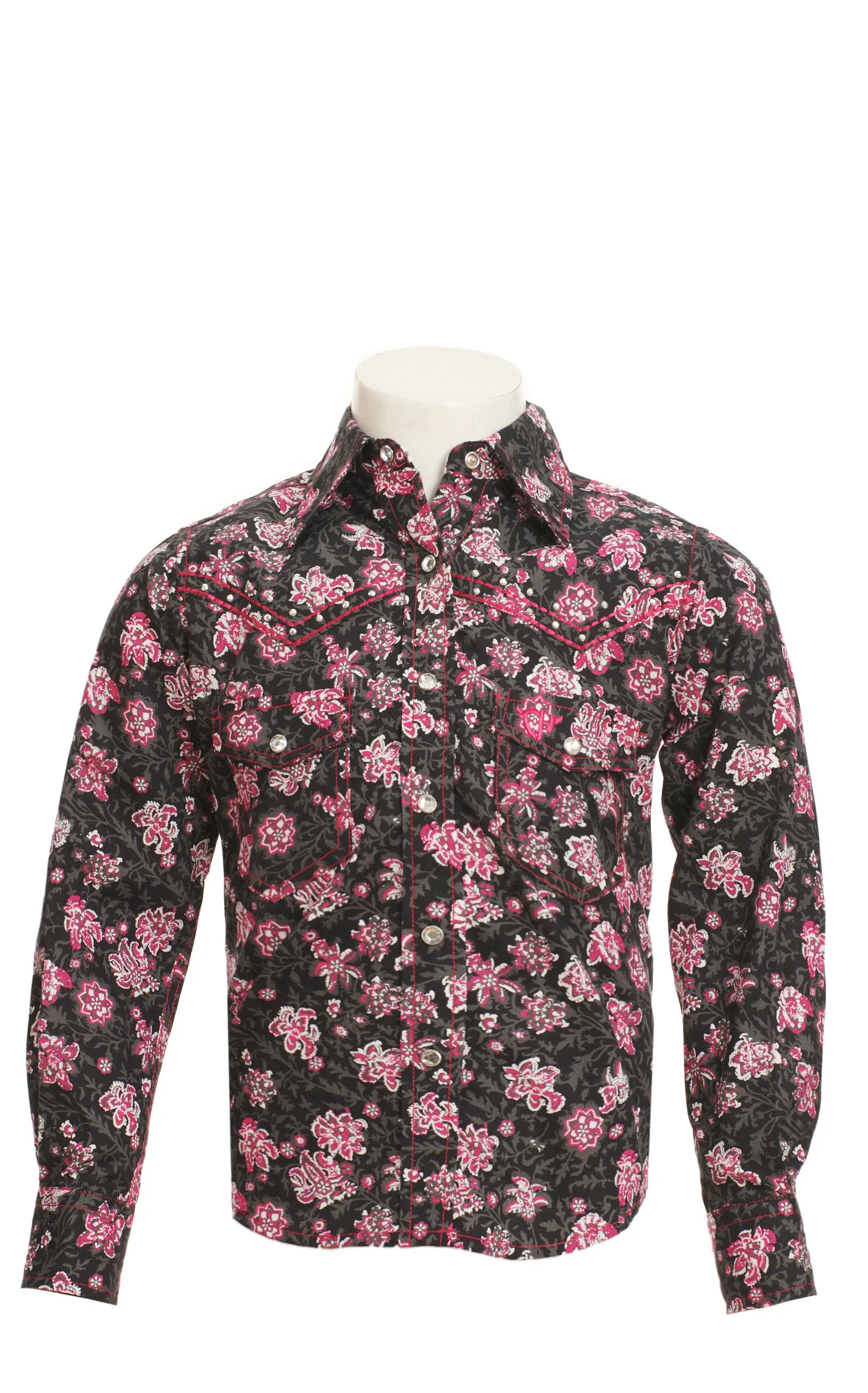 Cowgirl Hardware Girl's Black & Grey Magenta Floral Print Long Sleeve Western Shirt