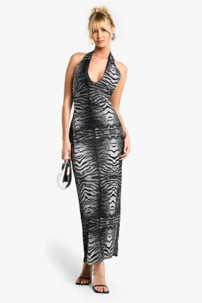 Halter Tiger Print Mesh Maxi Dress