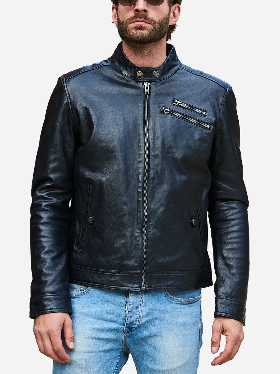 Jasiel Sheepskin Black Leather Racer Jacket