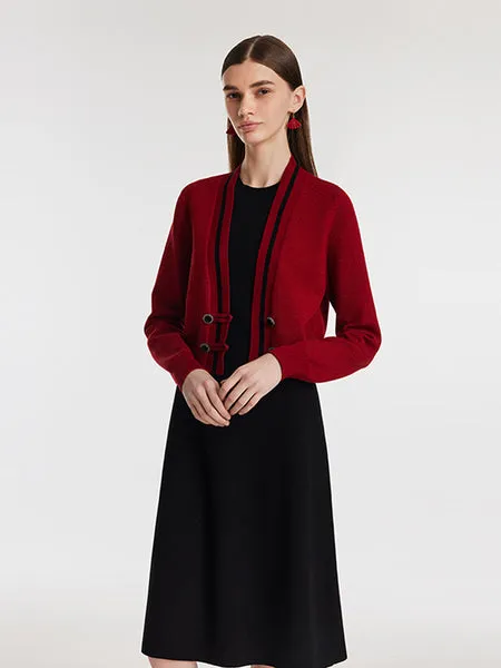 New Chinese-Style V-Neck Knitted Cardigan And Vest Dress Two-Piece Set 