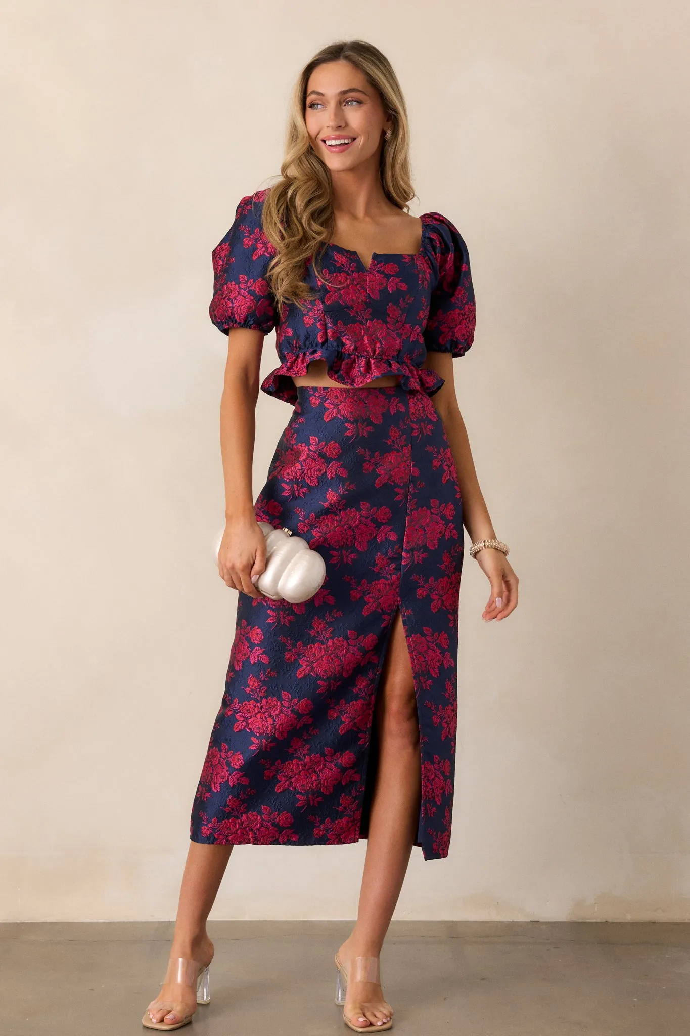 Pieces Of My Heart Magenta Floral Jacquard Midi Skirt