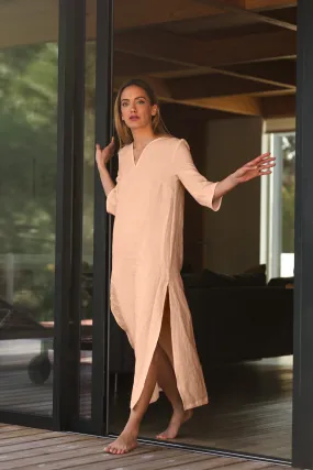 Robe tunique longue fendue en lin vieux rose - Carol
